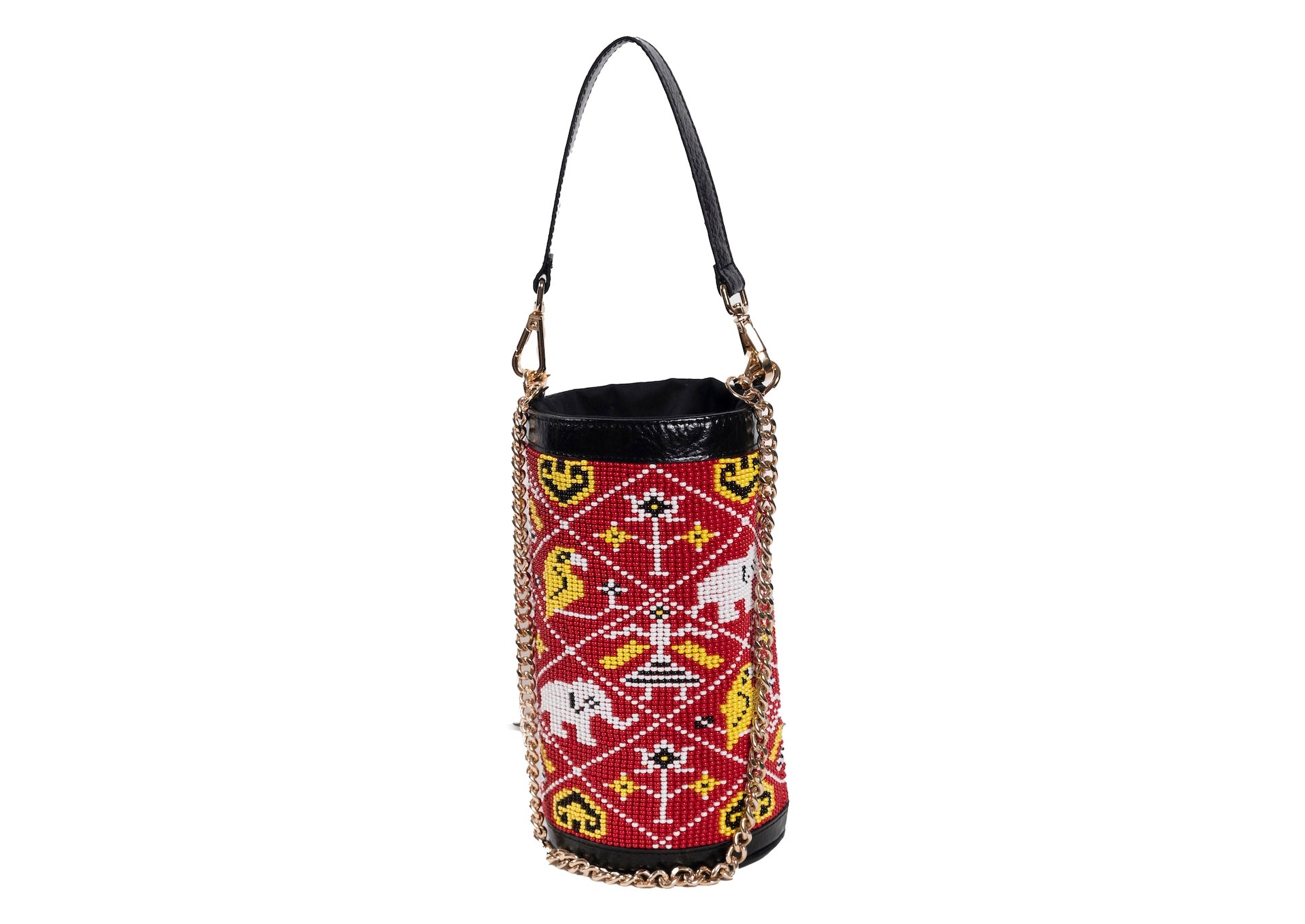 Red Variant of Vegan banana fiber bucket bag with intricate Gujarati beadwork, handcrafted premium Indian accessory.