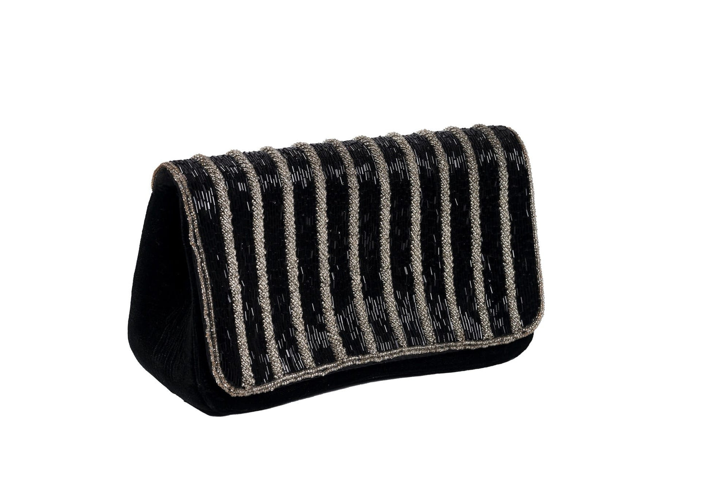 Diagonal view of black evening purse with silver wave pattern beadwork, premium Indian handcrafted accessory.