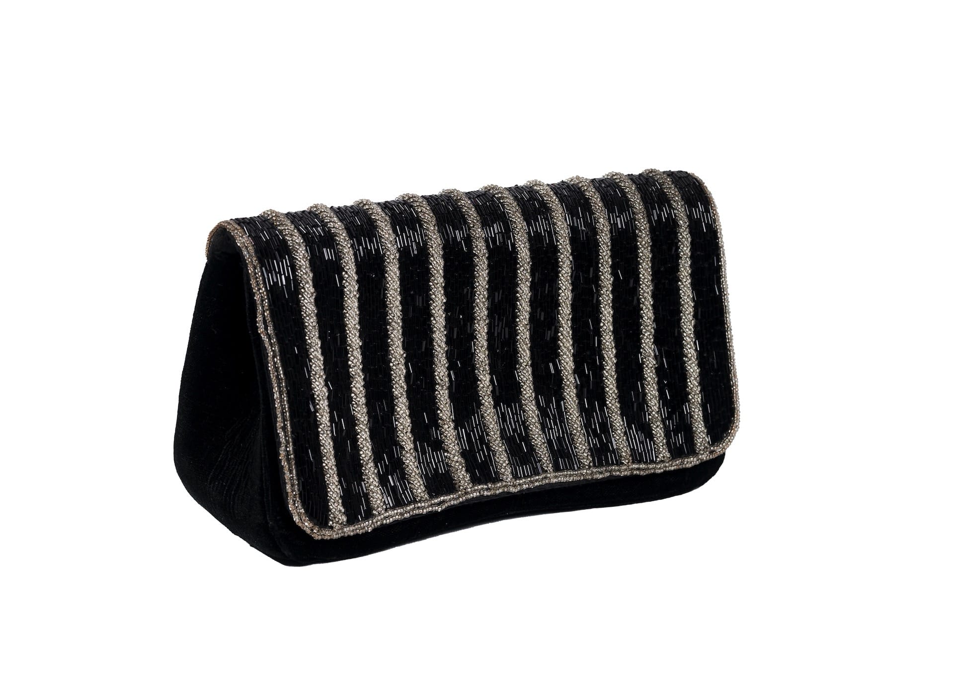 Diagonal view of black evening purse with silver wave pattern beadwork, premium Indian handcrafted accessory.