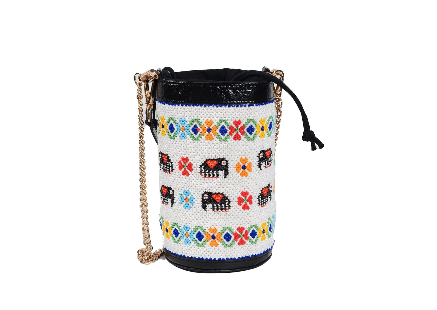 Traditional Czech glass bead elephant parade motif on a structured Indian luxury bag.