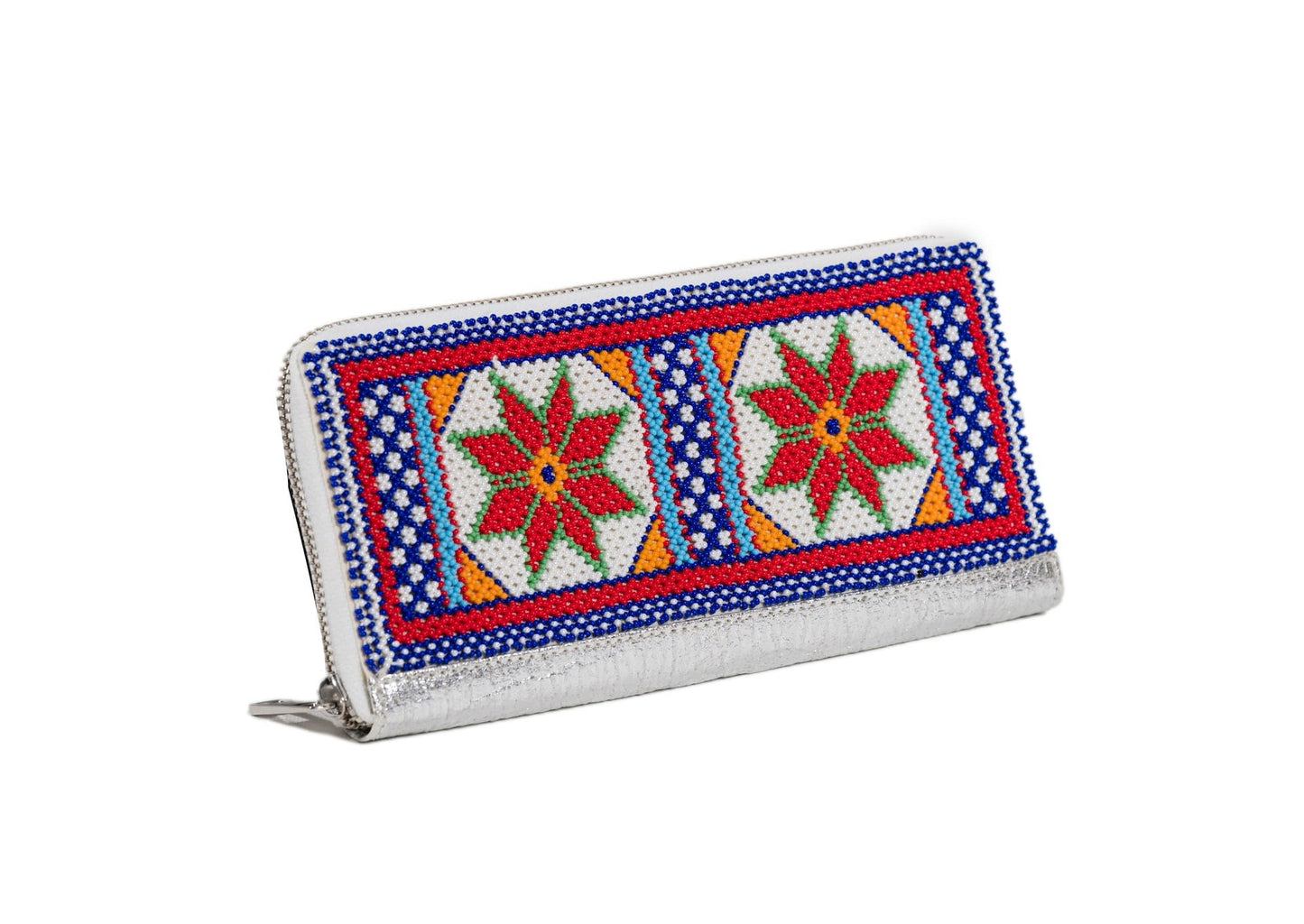 Another angle of handcrafted Gujarati silver beadwork wallet with red star motifs, premium Indian accessory.
