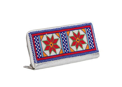 Another angle of handcrafted Gujarati silver beadwork wallet with red star motifs, premium Indian accessory.