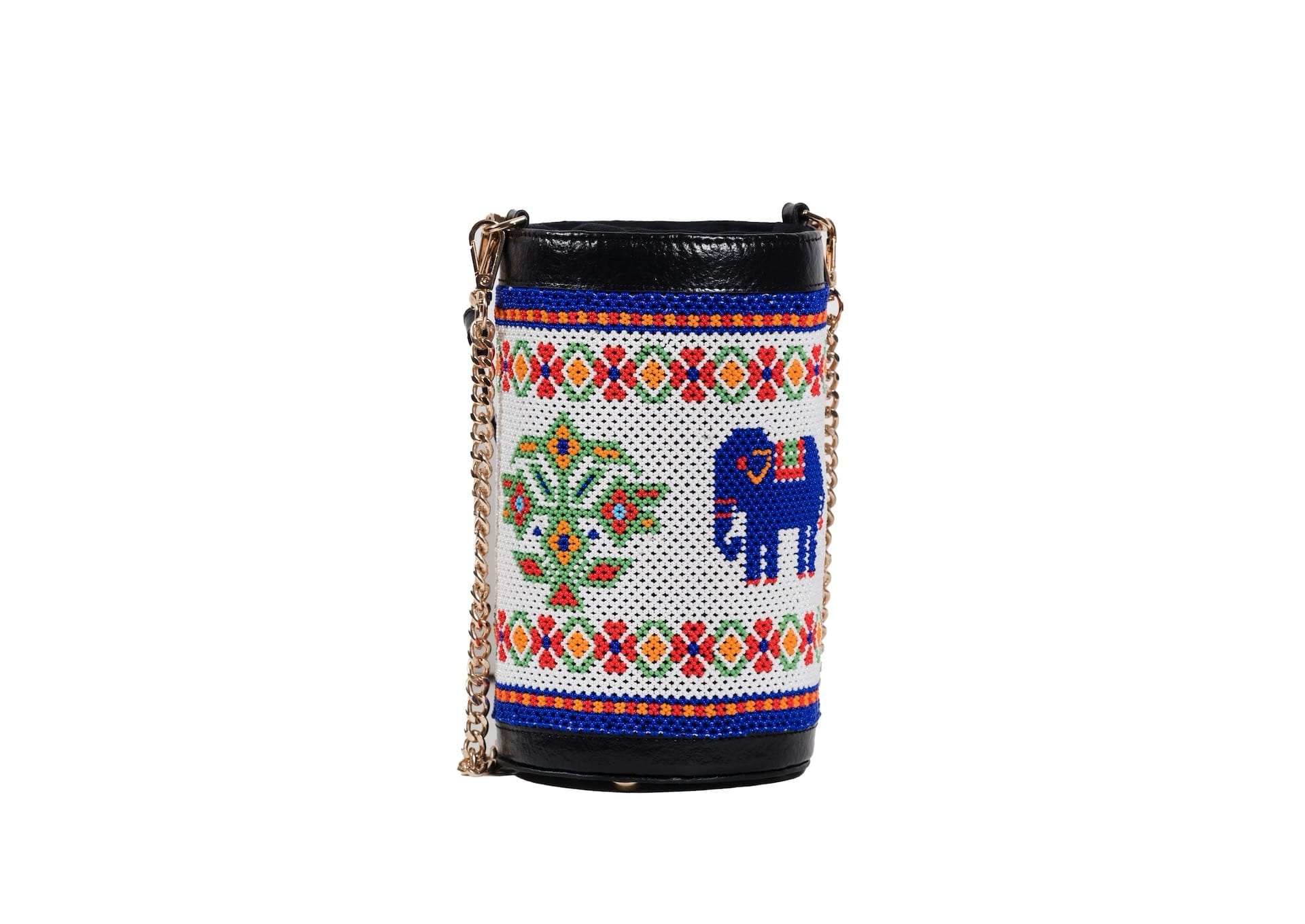 Traditional Saurashtra elephant beadwork on a cylindrical bag with a vegan leather strap.