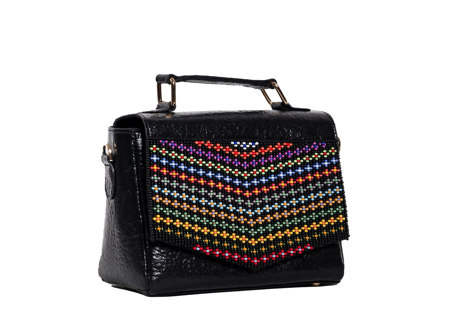 Diagonal view of black structured purse with rainbow chevron glass beadwork, handcrafted premium Indian accessory.