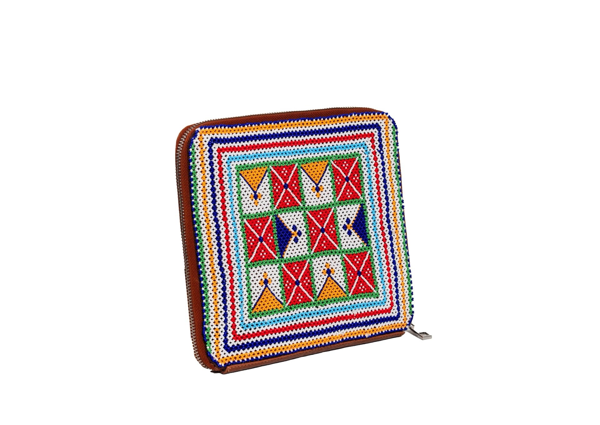 Diagonal view of vegan banana leather organizer with intricate floral beadwork, sustainable Indian handicraft.