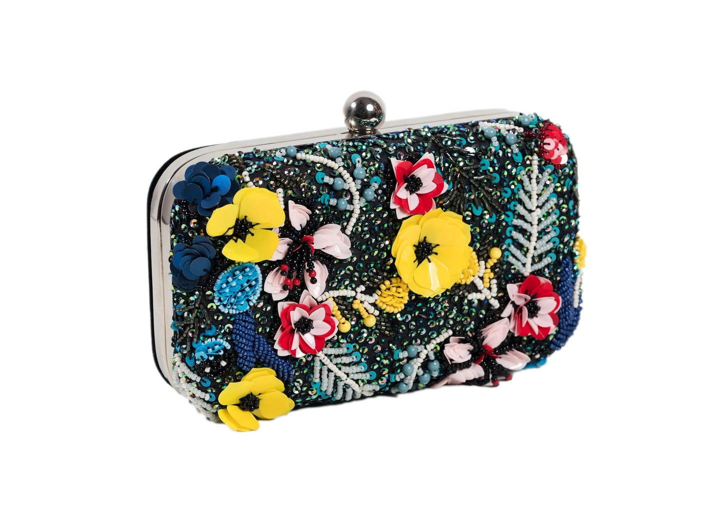 Deep teal evening clutch with vibrant wildflower beadwork, premium Indian handcrafted accessory.