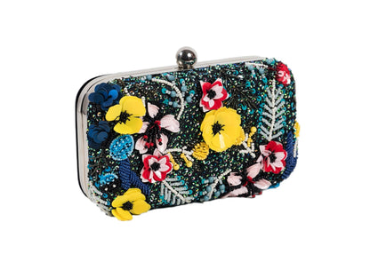 Deep teal evening clutch with vibrant wildflower beadwork, premium Indian handcrafted accessory.