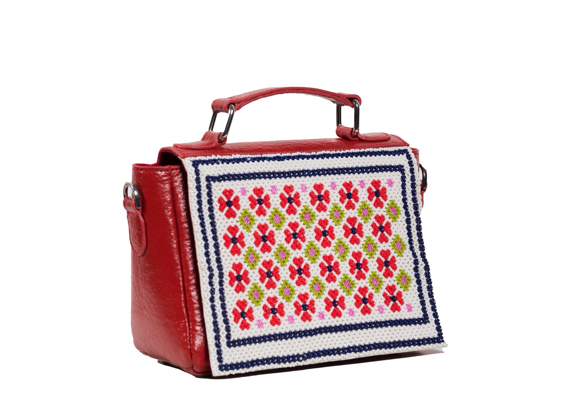 Diagonal view of vibrant red structured purse with delicate floral beadwork, premium Indian handcrafted accessory.