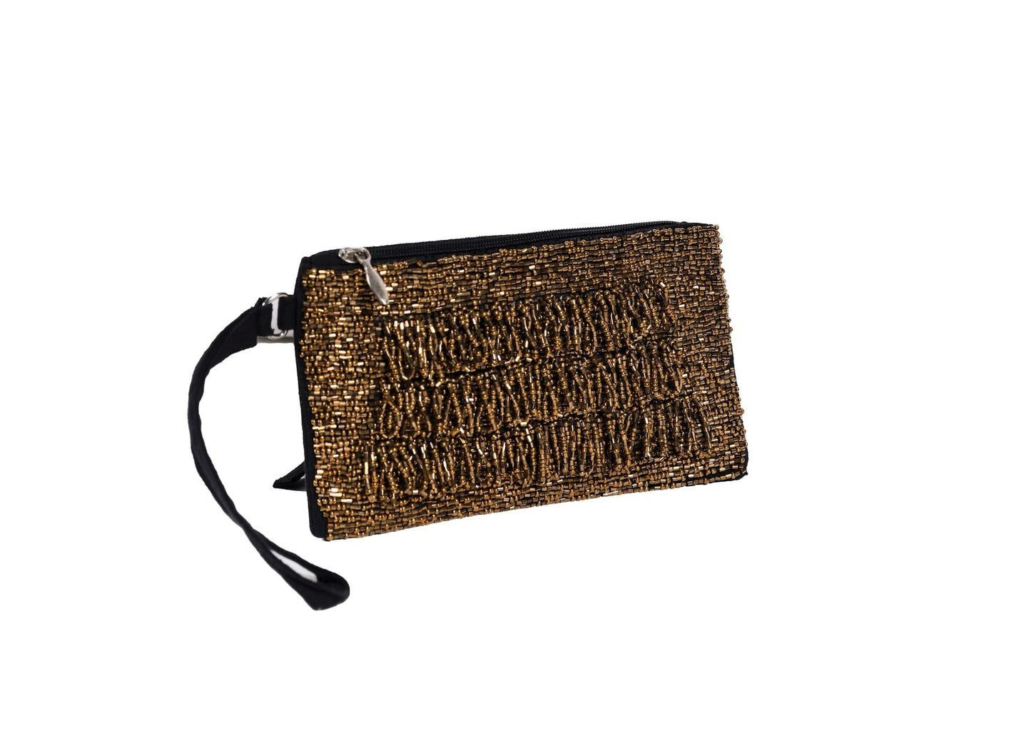 Diagonal view of golden beaded coin pouch with wrist strap, handcrafted premium Indian luxury accessory.