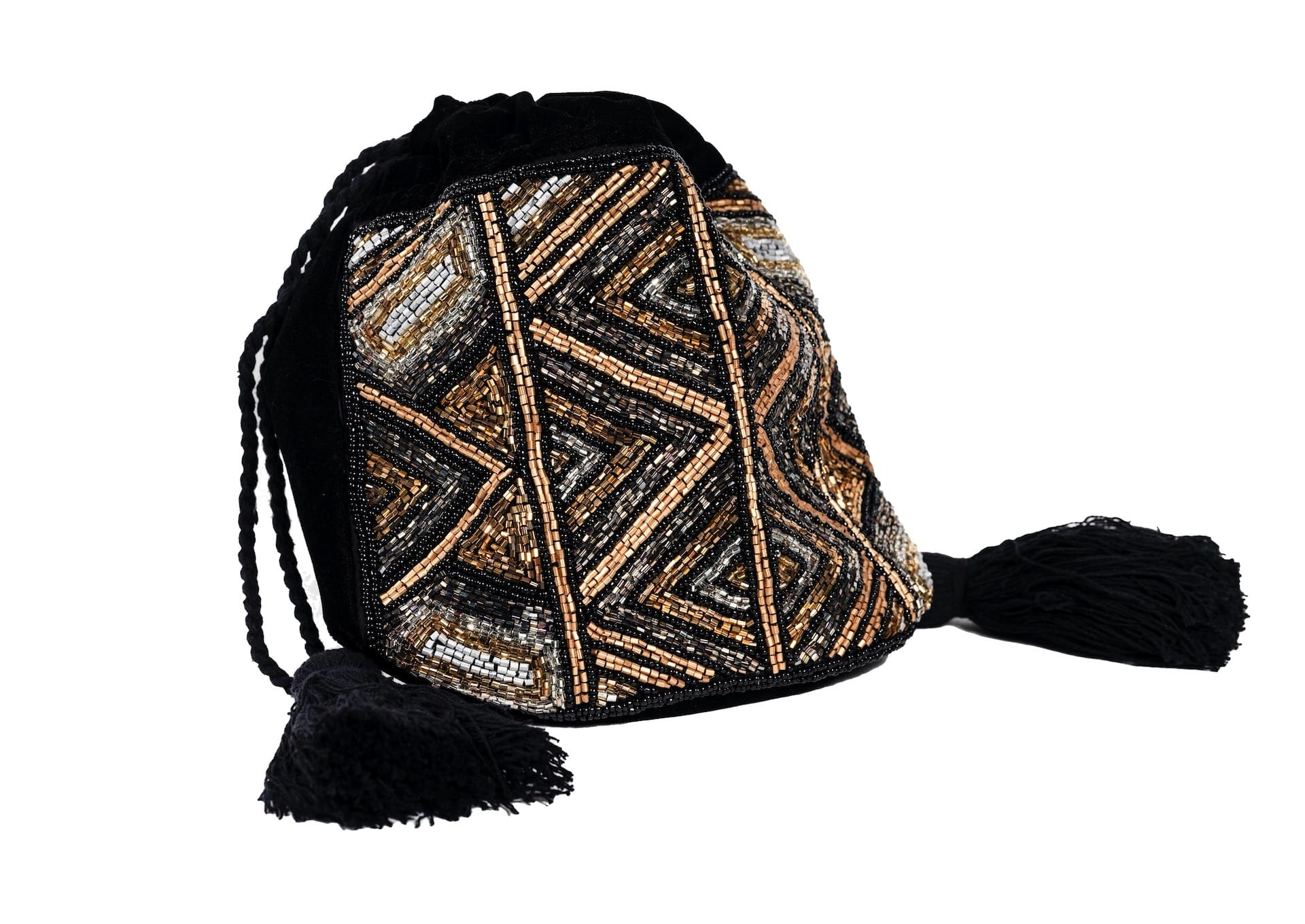 Intricate shimmering gold beadwork on a compact artisanal potli, authentic handcrafted fashion.