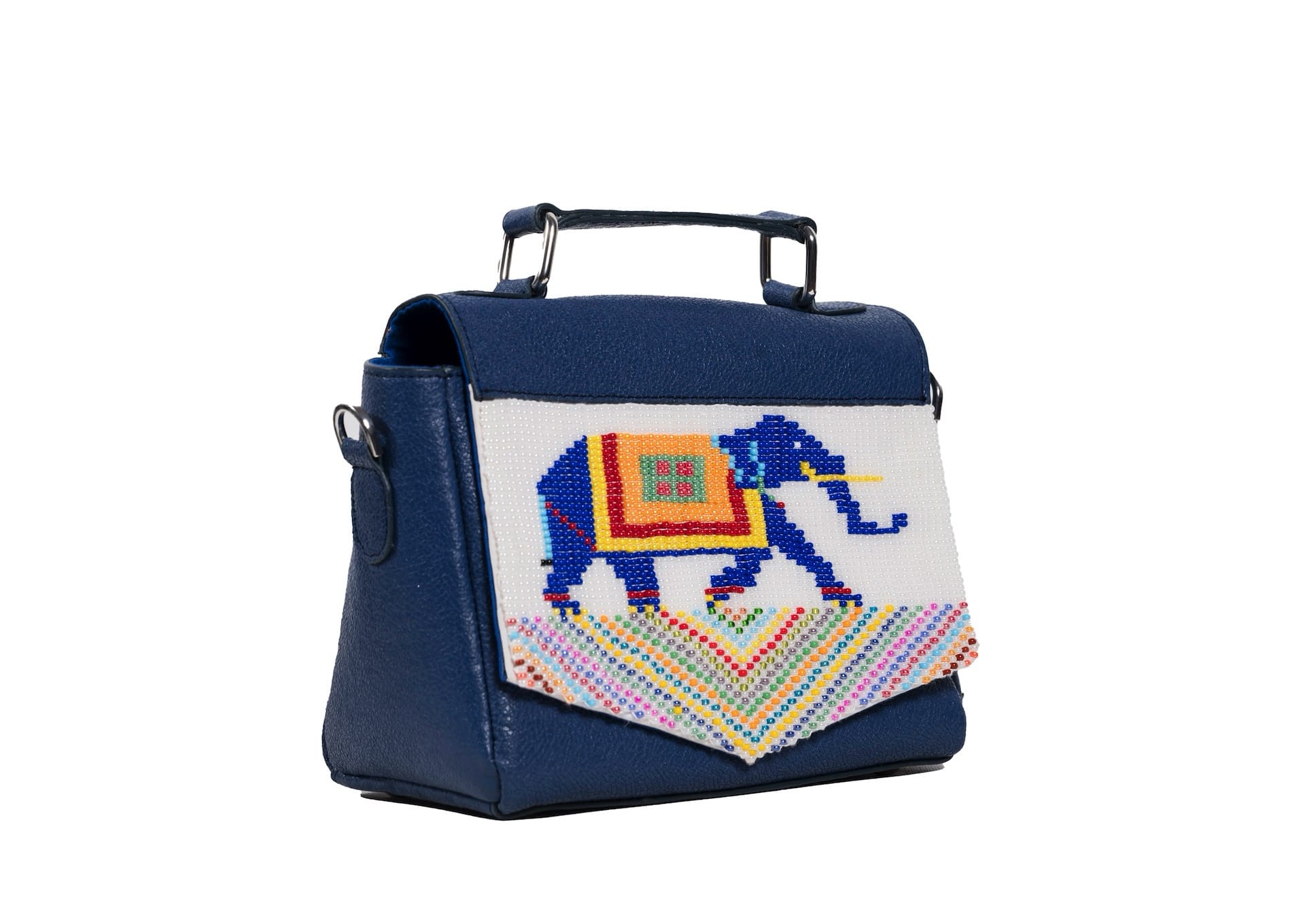 Diagonal view of Navy blue leather purse with traditional elephant beadwork, handcrafted premium Indian accessory.