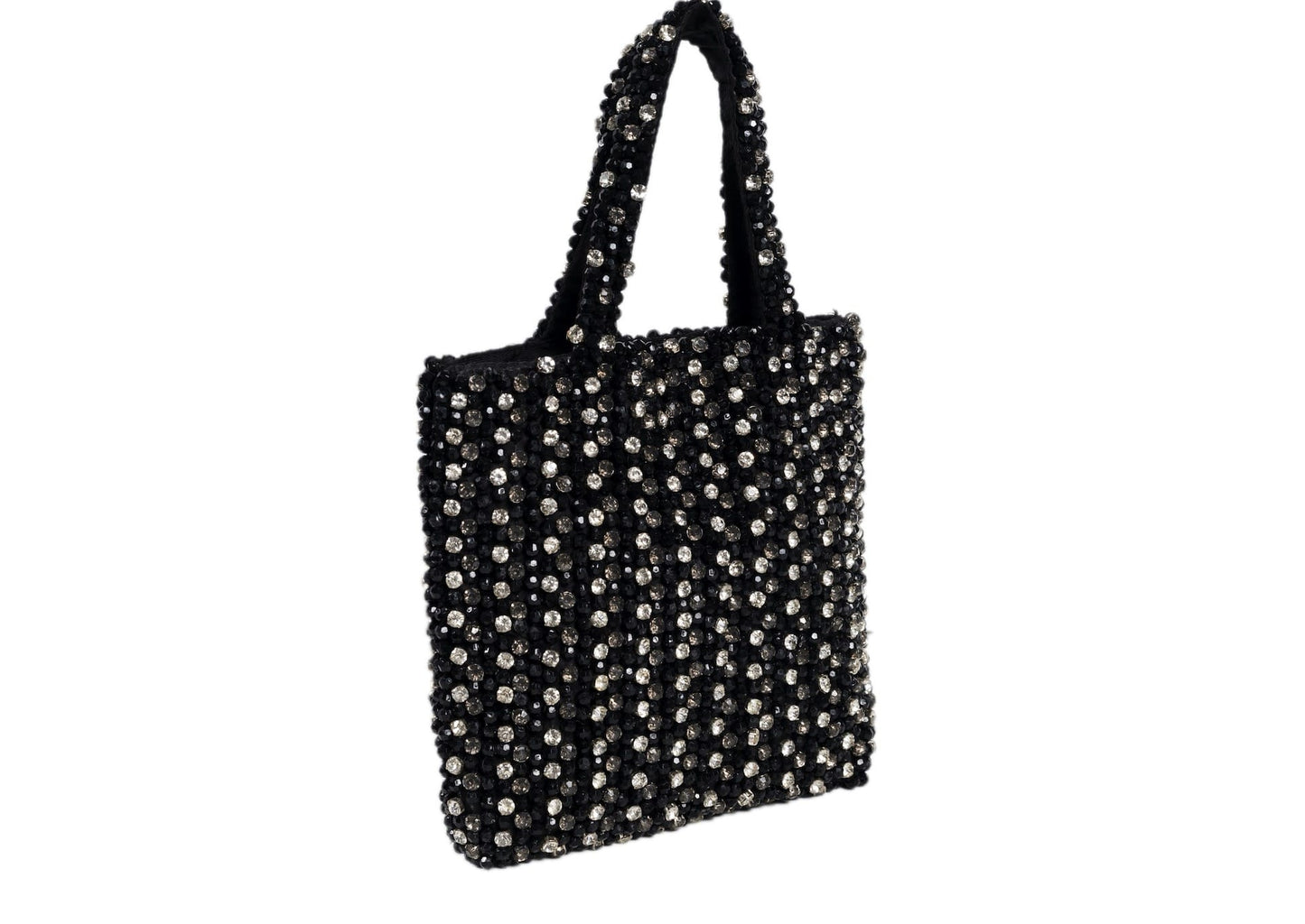 Black compact evening purse with a striking silver beaded burst pattern, handcrafted Indian artisanal accessory.