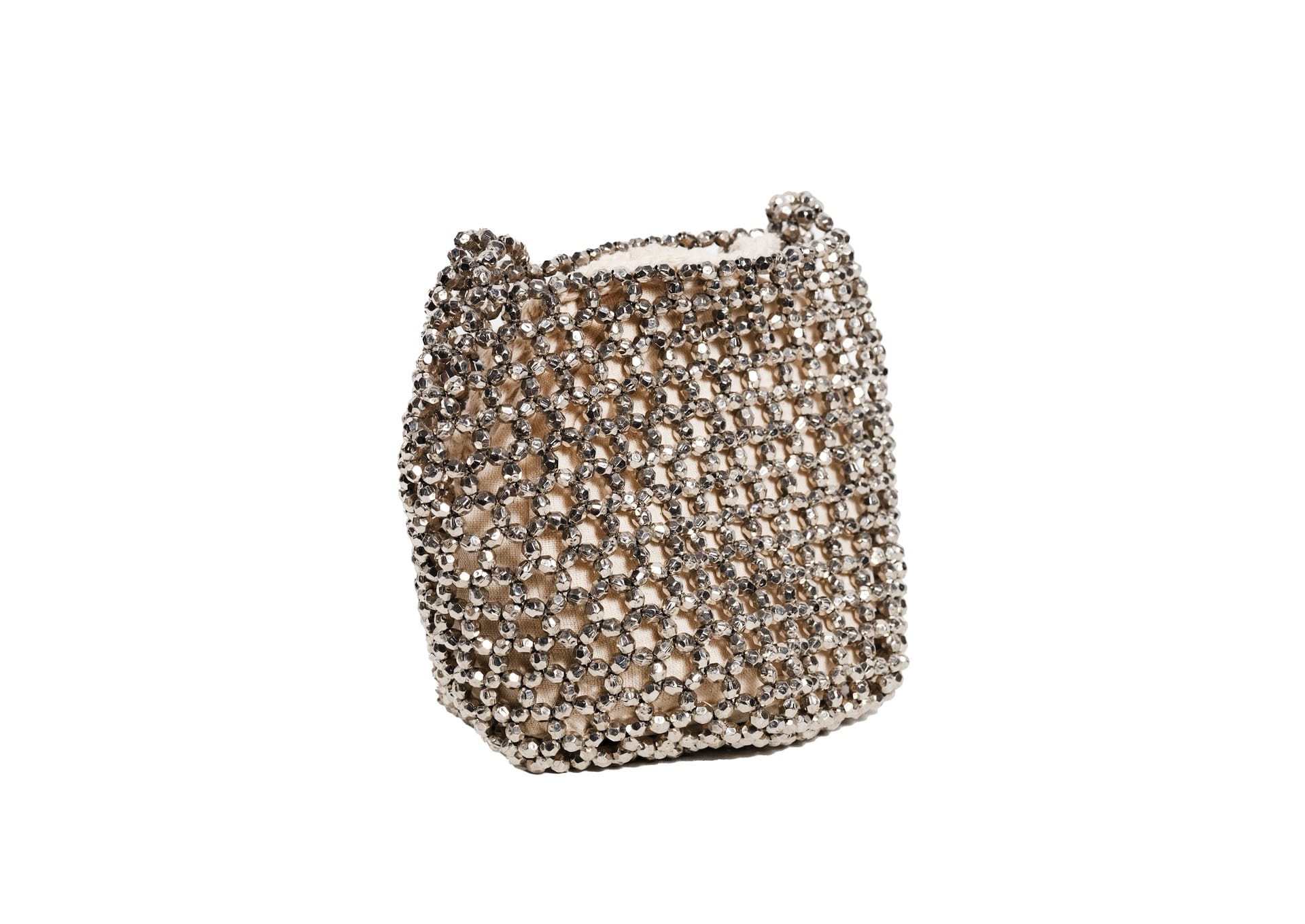 Diagonal view of crystal and metallic honeycomb beaded evening bag, premium Indian luxury accessory.