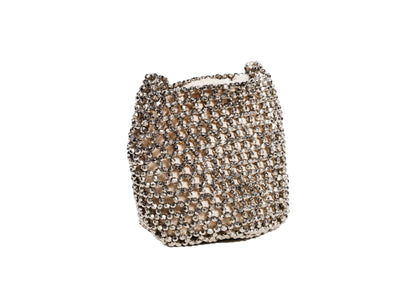 Diagonal view of crystal and metallic honeycomb beaded evening bag, premium Indian luxury accessory.