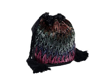 Diagonal view of iridescent beaded evening bag with tassels, handcrafted premium Indian luxury accessory.