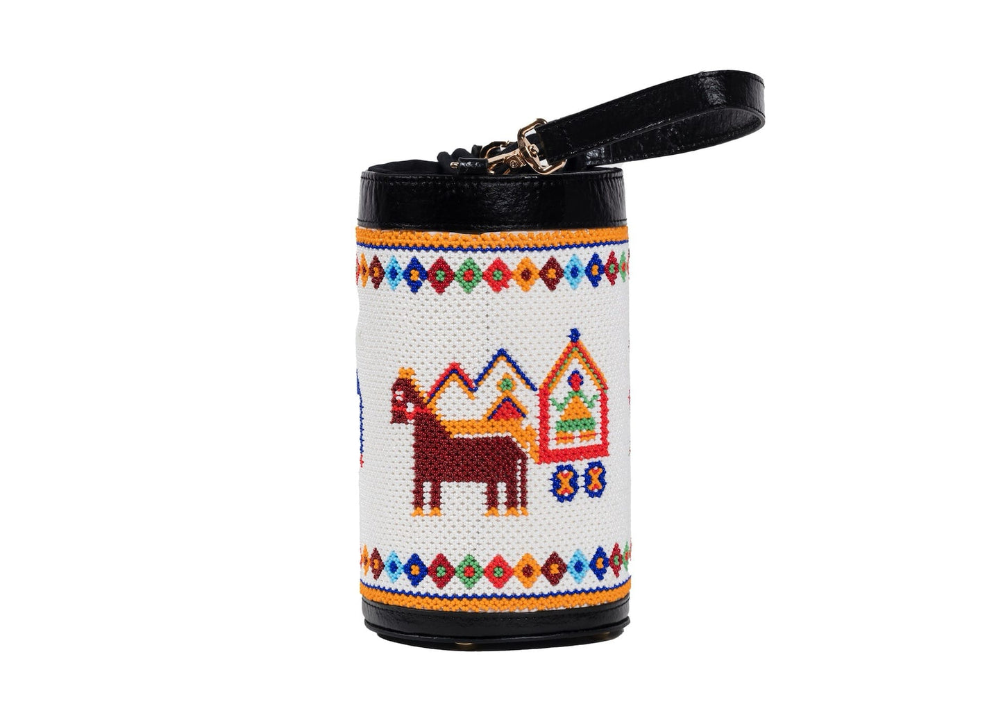 Horse on cylindrical white beaded bag with red and blue palace motifs, Gujarati dal-moti handicraft.