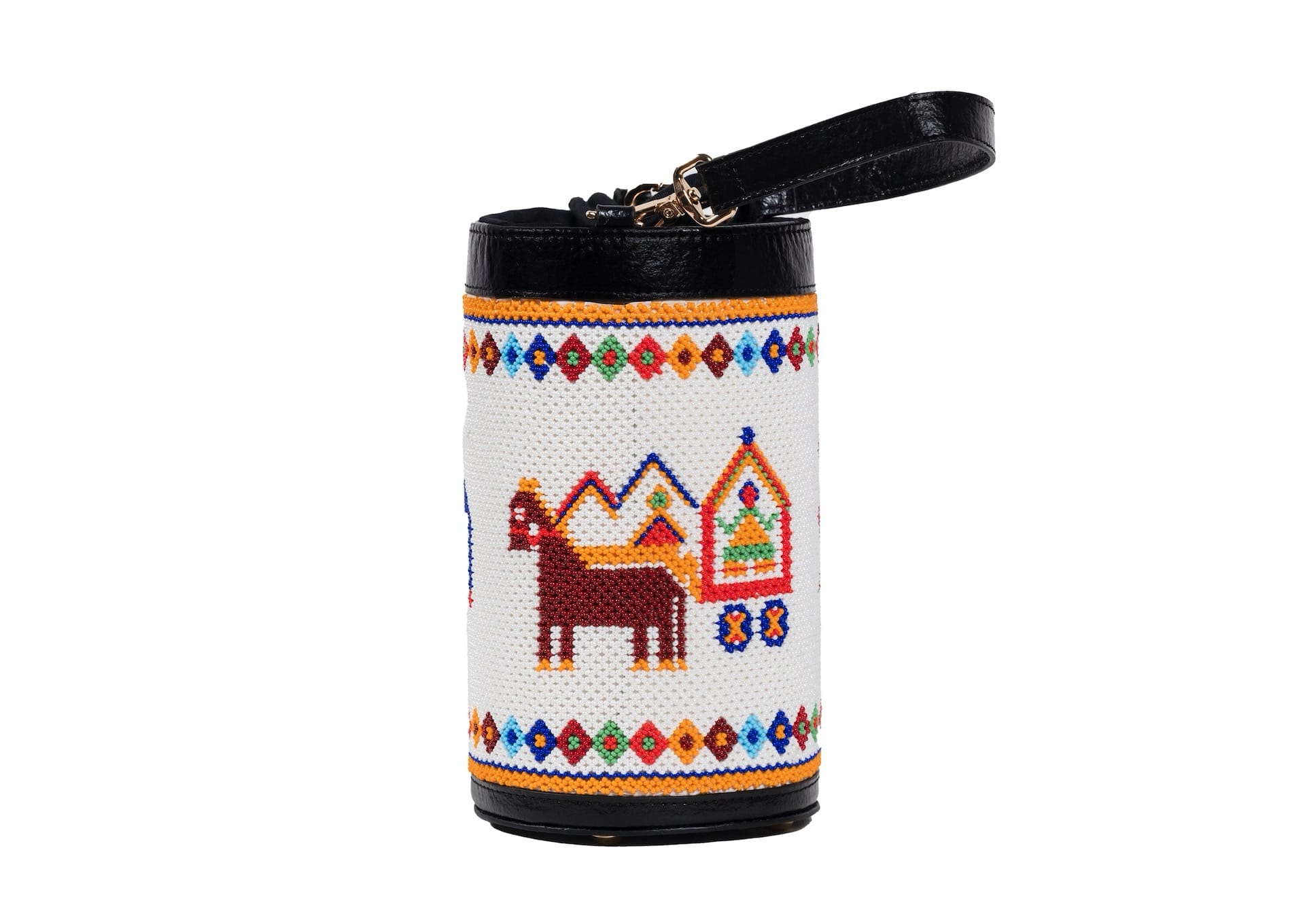 Horse on cylindrical white beaded bag with red and blue palace motifs, Gujarati dal-moti handicraft.