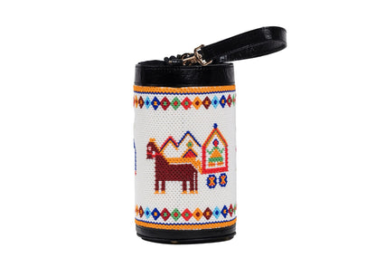 Horse on cylindrical white beaded bag with red and blue palace motifs, Gujarati dal-moti handicraft.