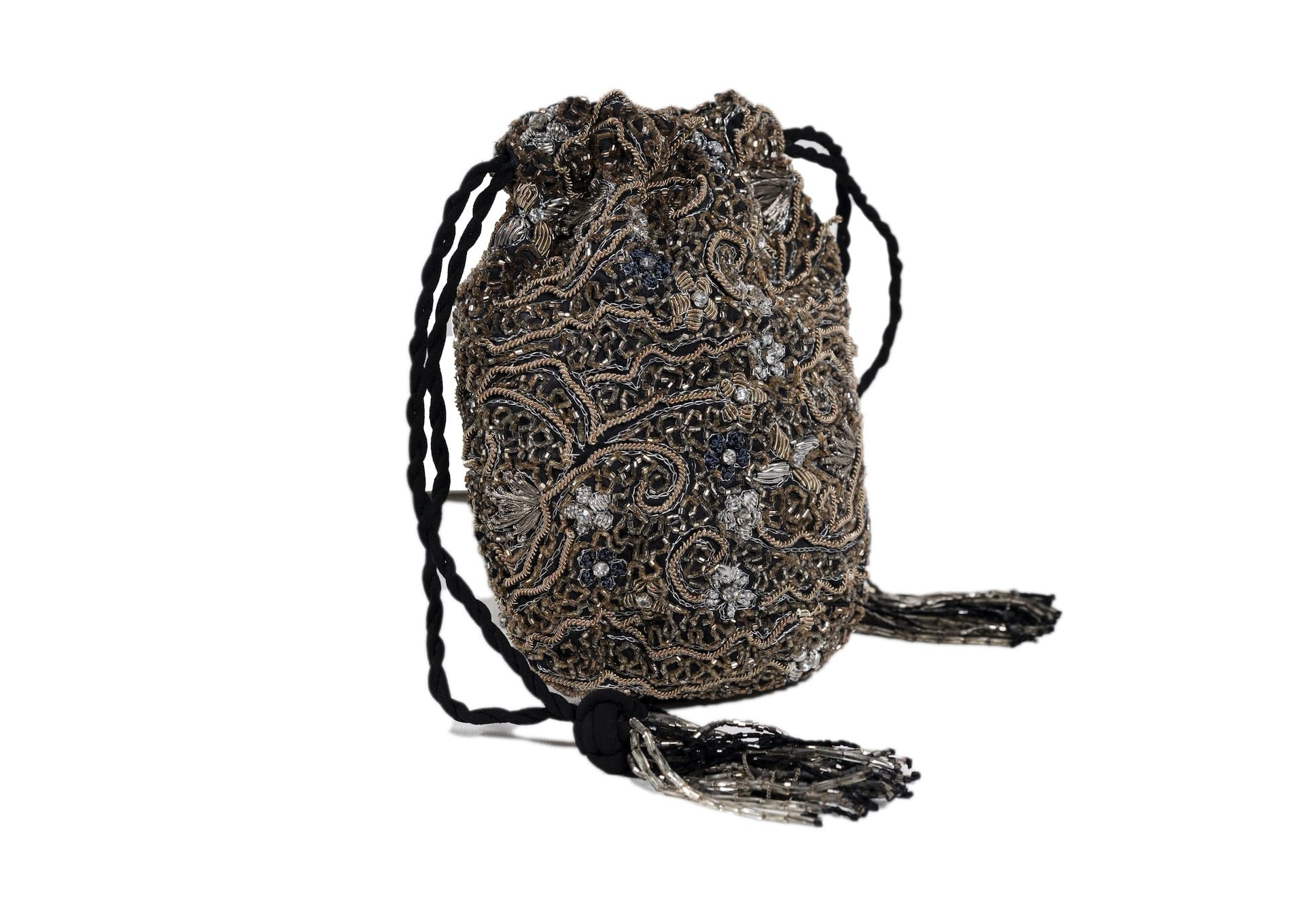 Another angle of elongated silver beaded evening purse with tassels, handcrafted premium Indian accessory.