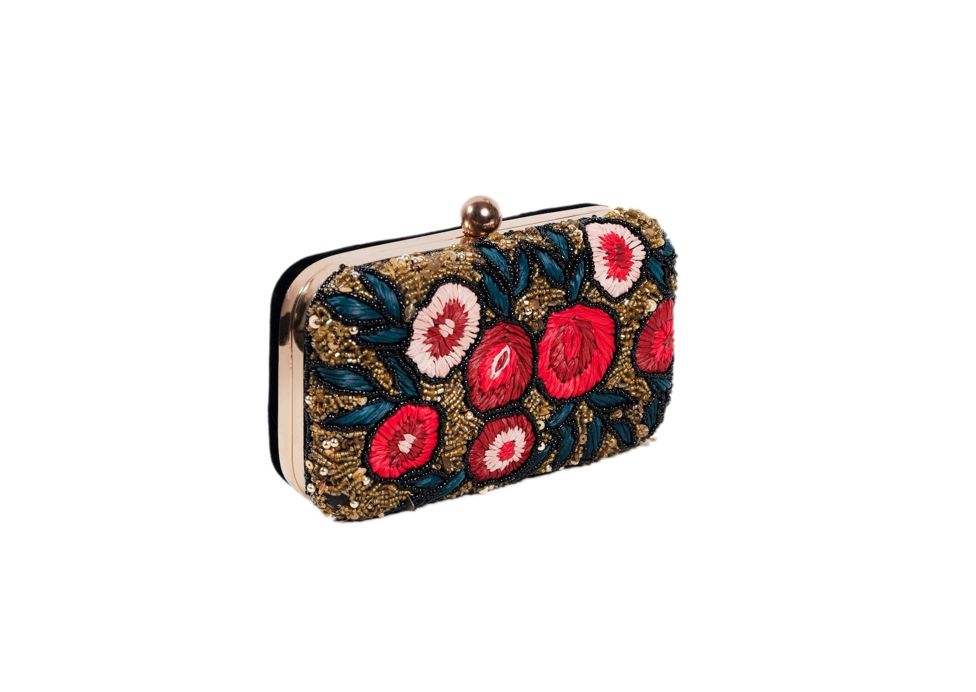 Diagonal view of black evening clutch with crimson rose floral beadwork, premium Indian handcrafted accessory.