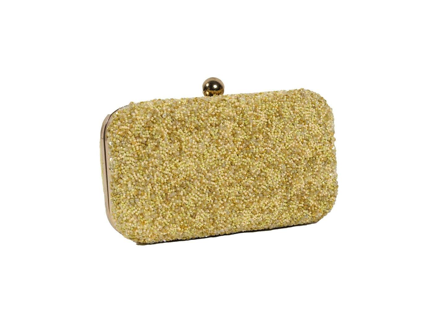 Diagonal view of brilliant yellow beaded day clutch, handcrafted premium Indian luxury accessory.