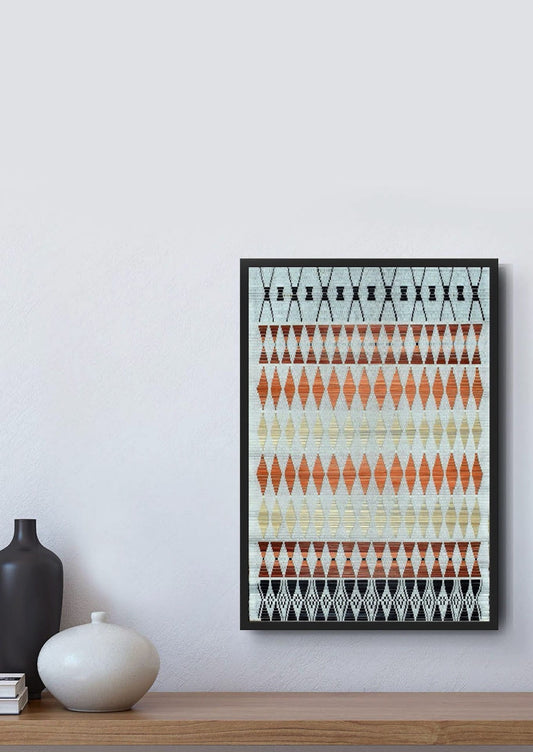Detailed texture of traditional bamboo weaving techniques on a wooden cabinet, premium Indian handicraft decor.