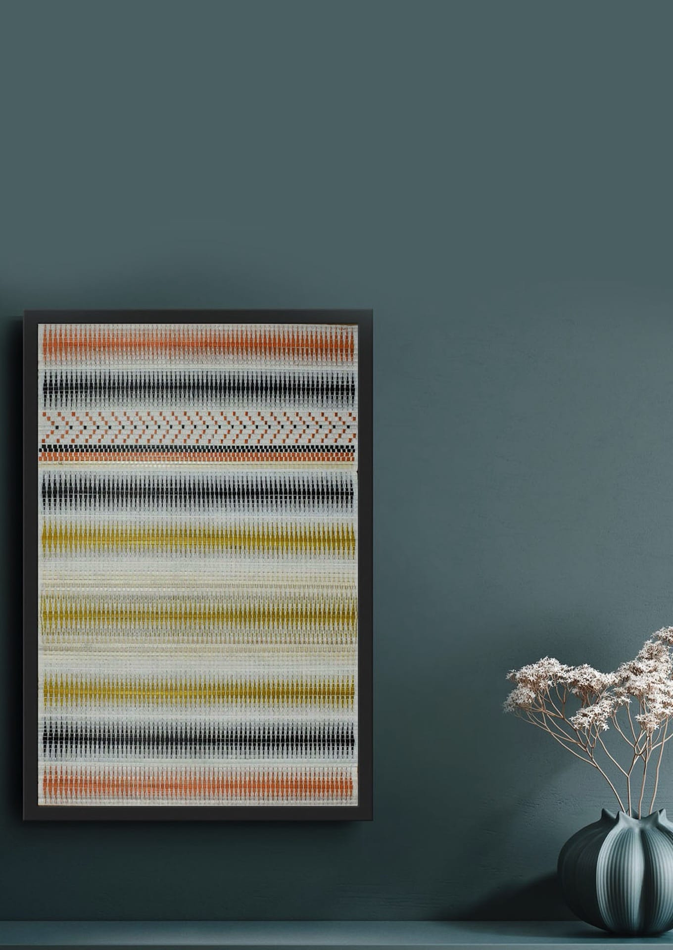 Backstrap loom cotton and bamboo textile art styled above a dark cabinet, luxury Indian craft.