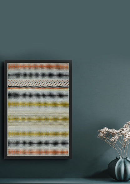 Backstrap loom cotton and bamboo textile art styled above a dark cabinet, luxury Indian craft.
