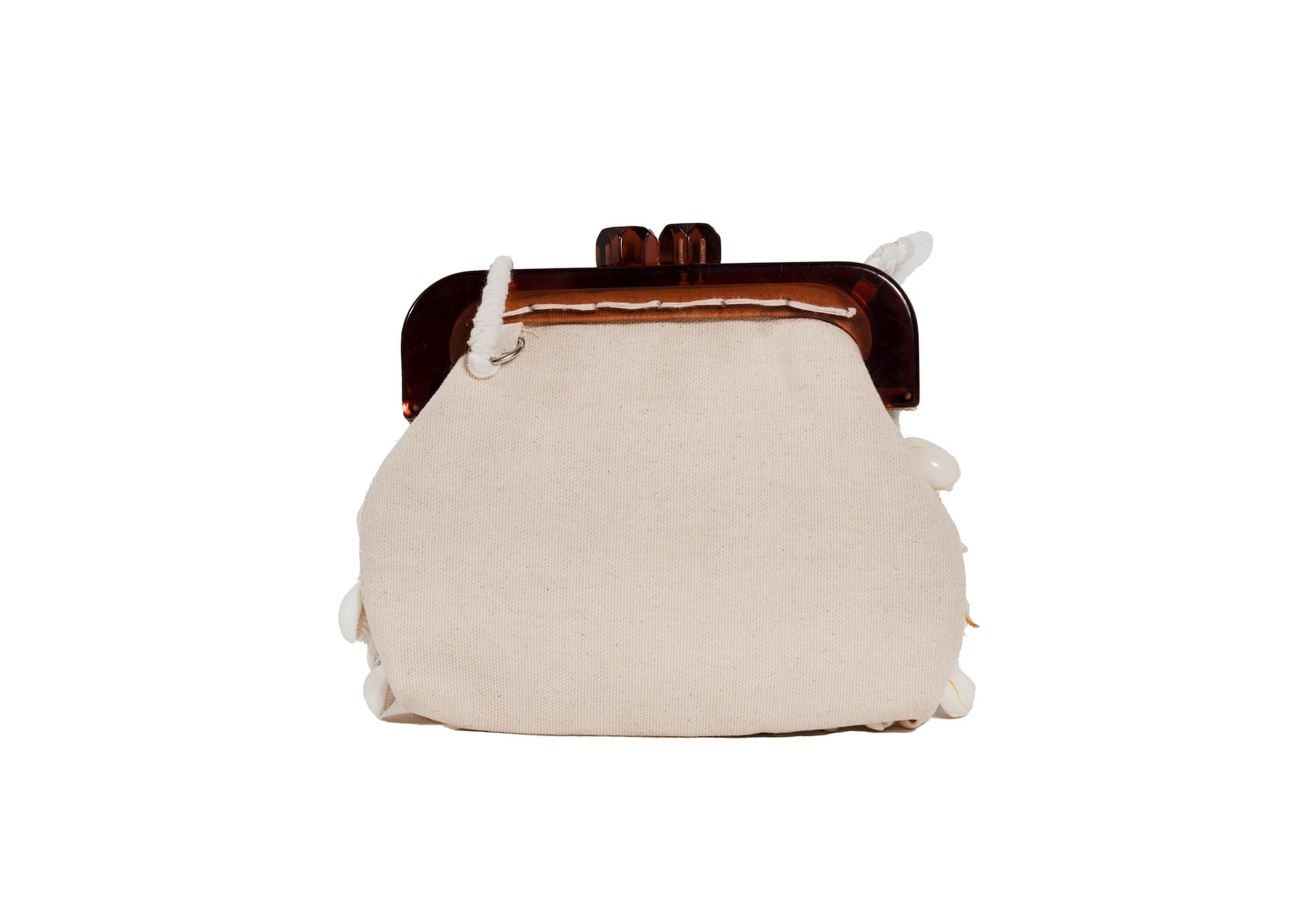 Rear view of sophisticated scalloped pattern of luminous shell discs, authentic artisan handbag.