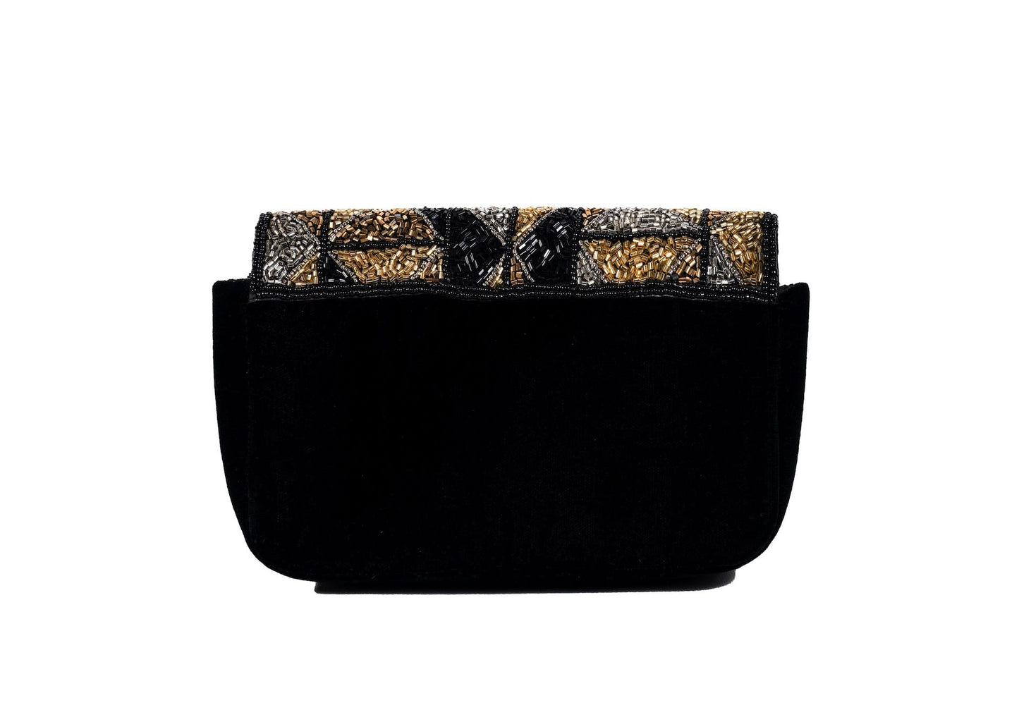 Rear view of bold triangle and square beadwork pattern on an expandable clutch, Lucknow artisan fashion.