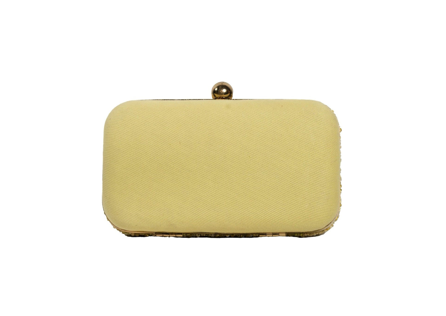 Rear view of brilliant yellow beaded day clutch, handcrafted premium Indian luxury accessory.