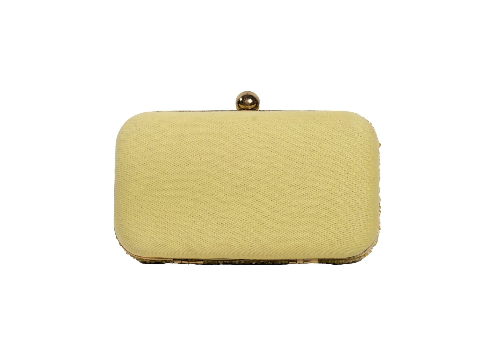 Rear view of brilliant yellow beaded day clutch, handcrafted premium Indian luxury accessory.