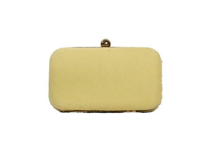Rear view of brilliant yellow beaded day clutch, handcrafted premium Indian luxury accessory.