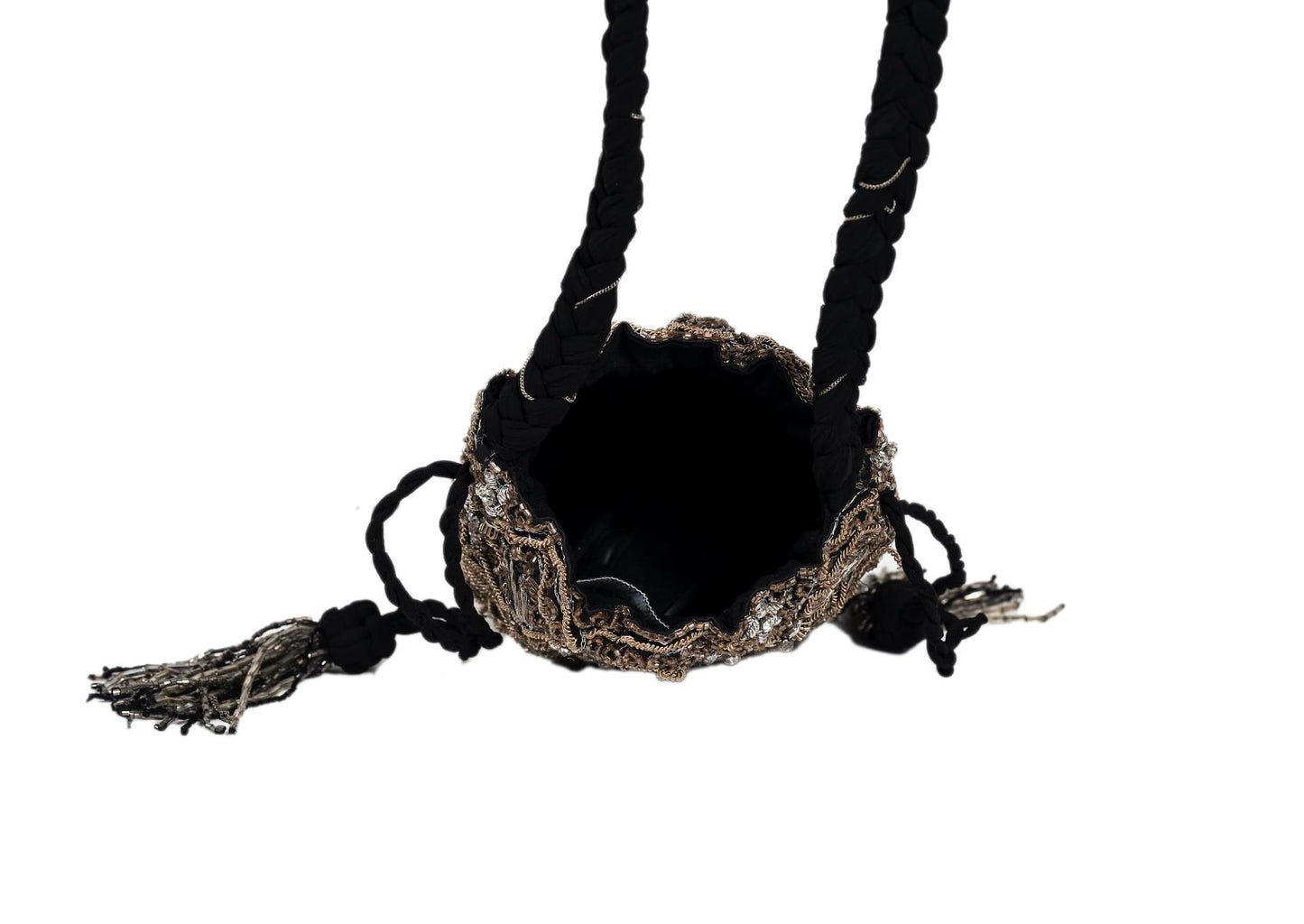 Inside view of elongated silver beaded evening purse with tassels, handcrafted premium Indian accessory.