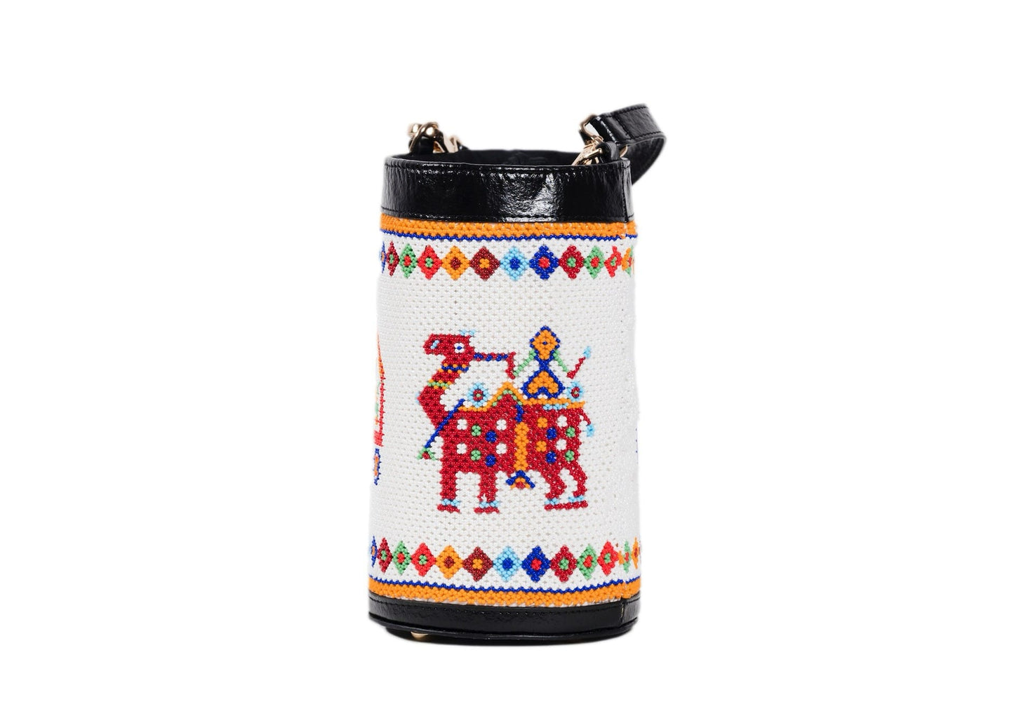 Camel on cylindrical white beaded bag with red and blue palace motifs, Gujarati dal-moti handicraft.