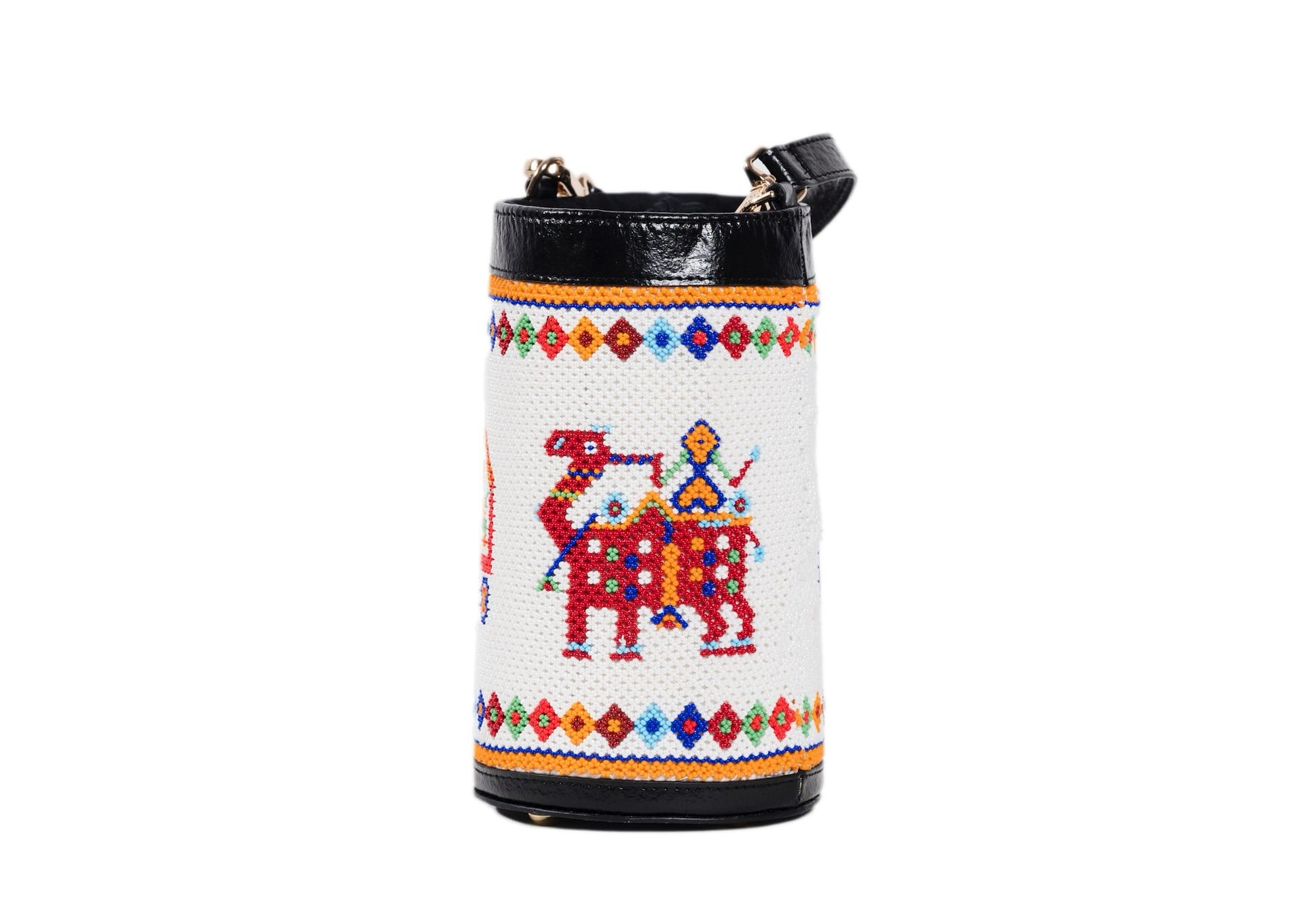 Camel on cylindrical white beaded bag with red and blue palace motifs, Gujarati dal-moti handicraft.