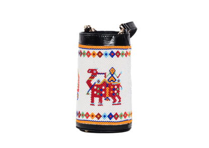 Camel on cylindrical white beaded bag with red and blue palace motifs, Gujarati dal-moti handicraft.