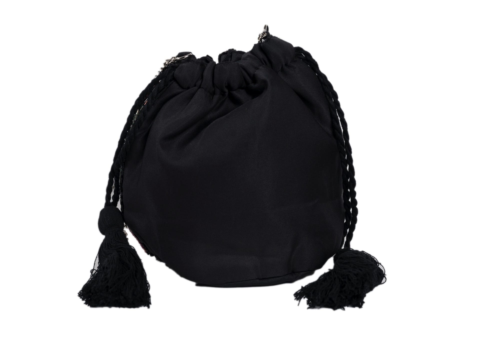 Rear view of cascading midnight black and copper beadwork on a drawstring bag, Agra artisan craft.