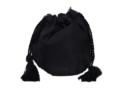 Rear view of cascading midnight black and copper beadwork on a drawstring bag, Agra artisan craft.