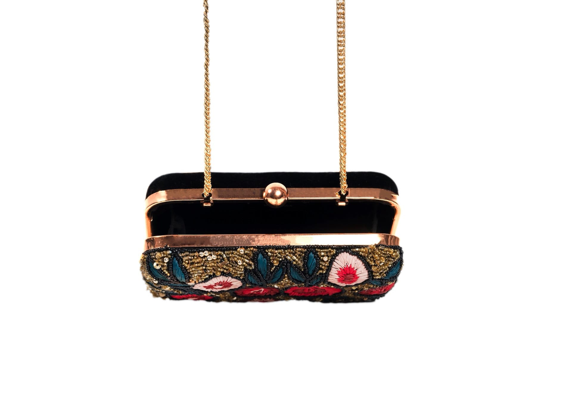 Inside view of black evening clutch with crimson rose floral beadwork, premium Indian handcrafted accessory.