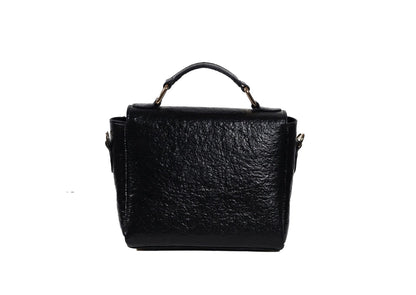 Rear view of black structured purse with colorful diamond motif beadwork, handcrafted premium Indian accessory.