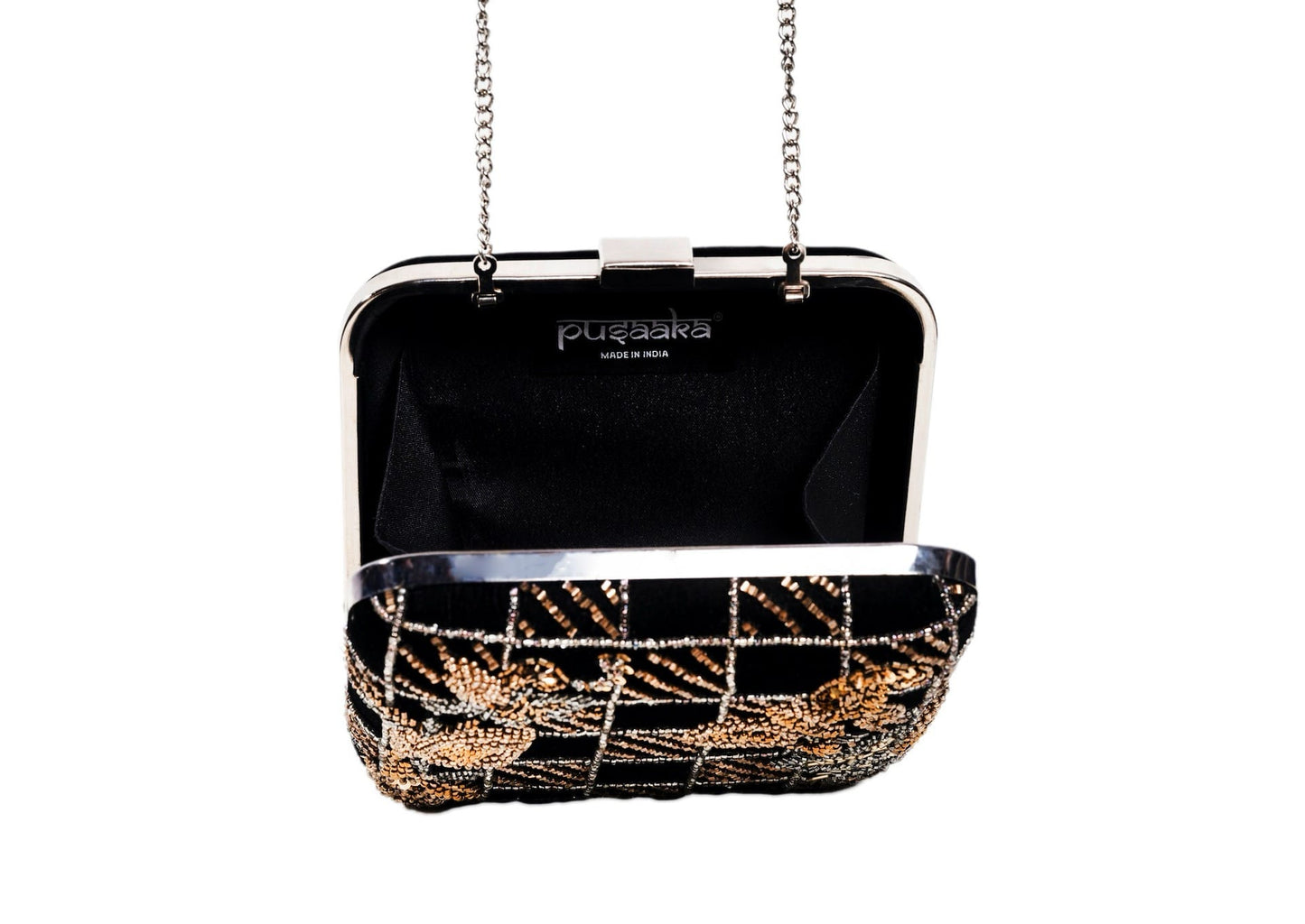 Inside view of black and gold checkerboard beaded evening clutch, handcrafted premium Indian luxury accessory.