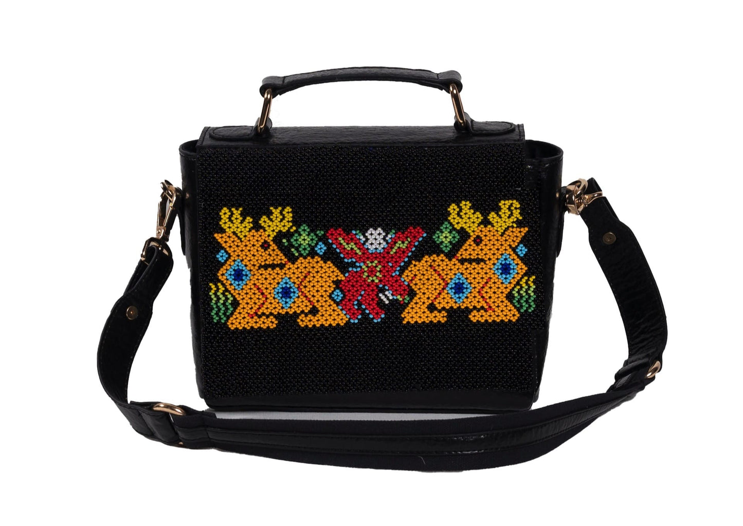 Vegan black banana leather purse with yellow deer beadwork with strap attached, handcrafted premium Indian accessory.