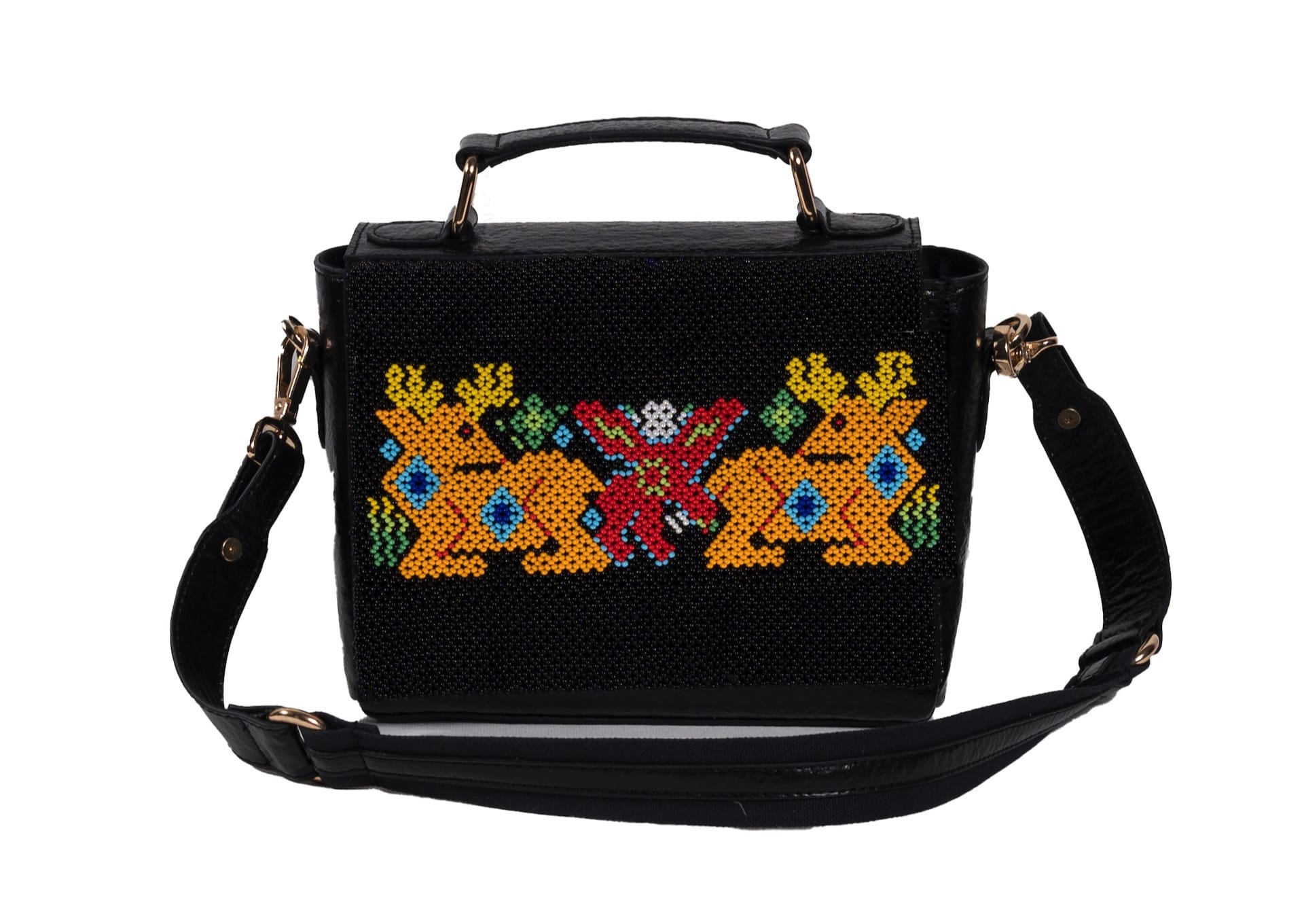 Vegan black banana leather purse with yellow deer beadwork with strap attached, handcrafted premium Indian accessory.