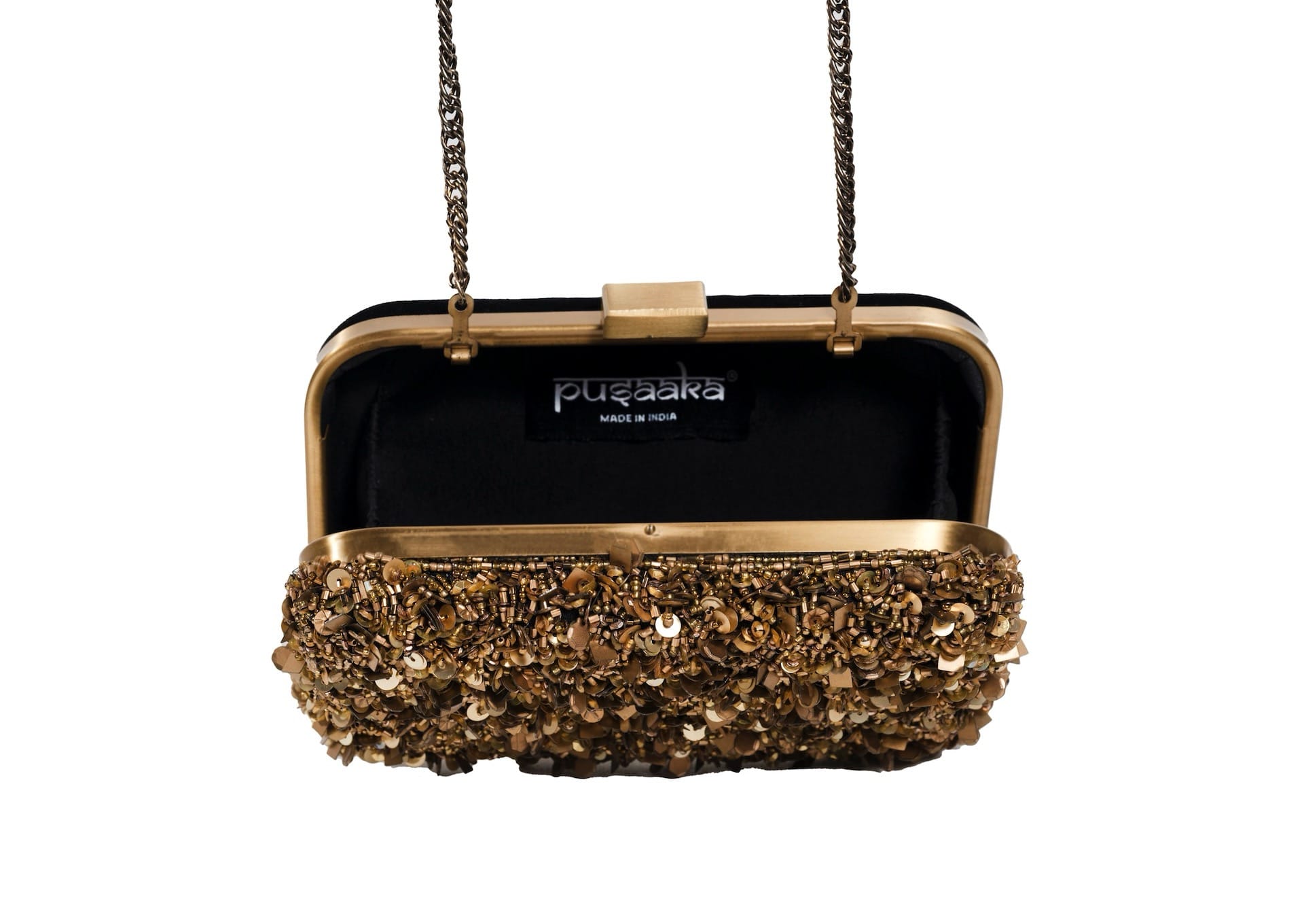Shimmering all-over golden beadwork on an elegant clutch, authentic Bareilly artisan fashion.