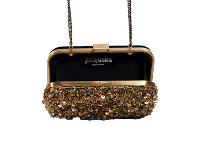 Shimmering all-over golden beadwork on an elegant clutch, authentic Bareilly artisan fashion.