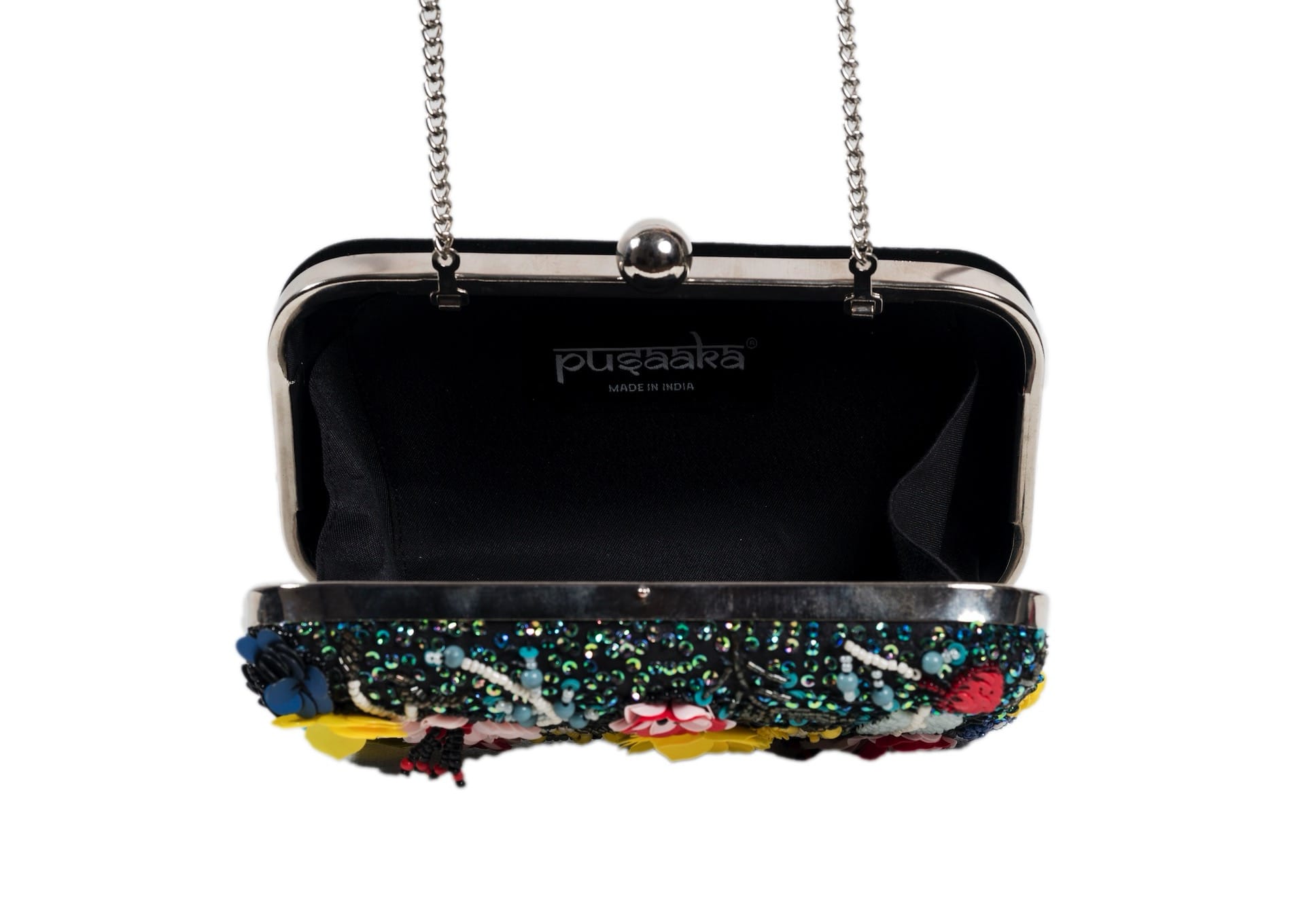 Inside view of deep teal evening clutch with vibrant wildflower beadwork, premium Indian handcrafted accessory.