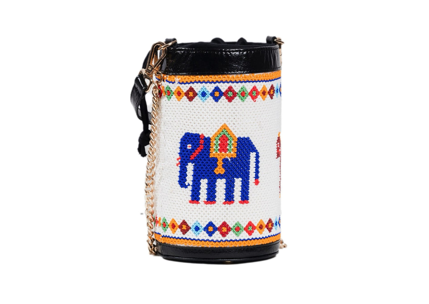 Elephant on cylindrical white beaded bag with red and blue palace motifs, Gujarati dal-moti handicraft.