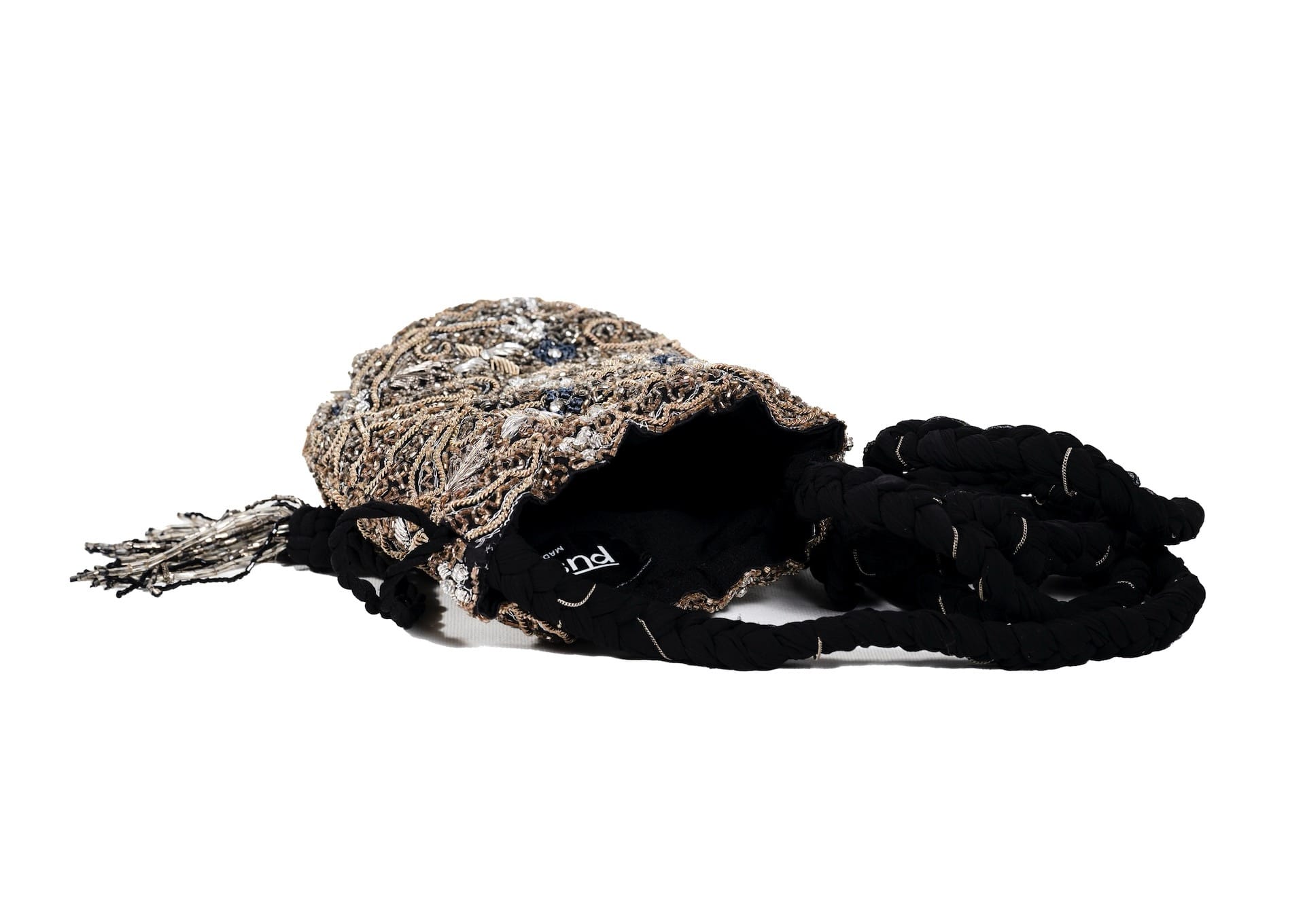 Another inside view of elongated silver beaded evening purse with tassels, handcrafted premium Indian accessory.