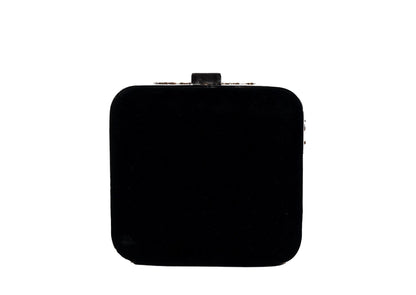 Rear view of black and gold checkerboard beaded evening clutch, handcrafted premium Indian luxury accessory.